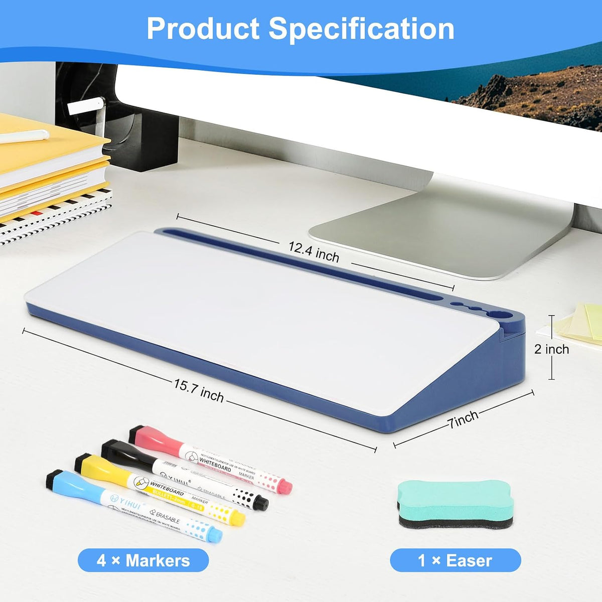 Desktop Glass Whiteboard with Storage, Desk Dry Erase White Board Black