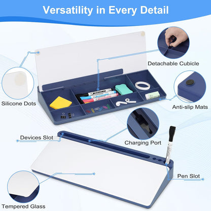 Desktop Glass Whiteboard with Storage, Desk Dry Erase White Board Black