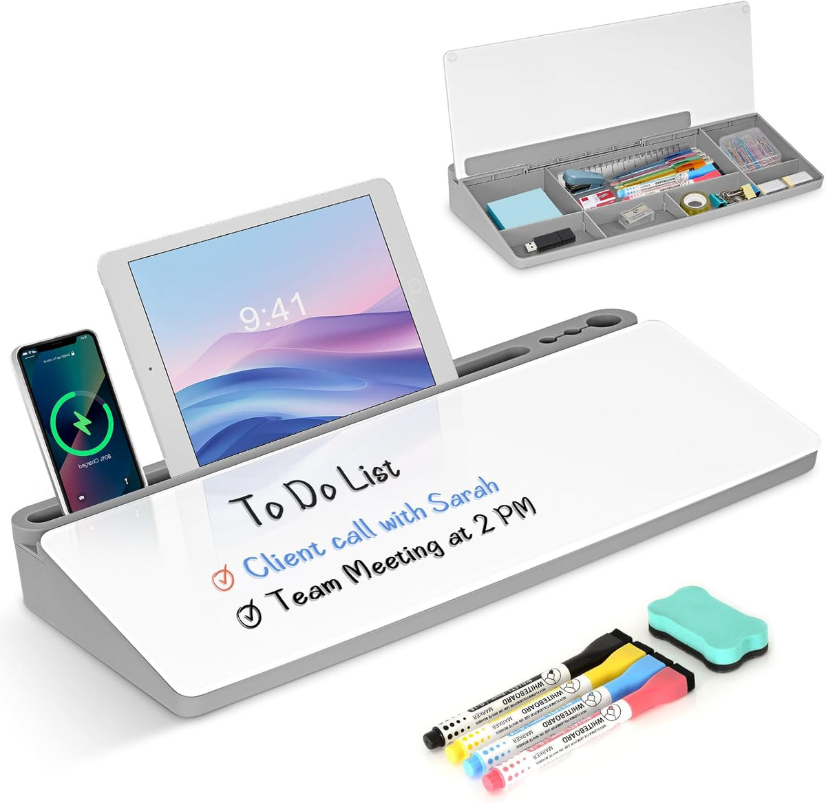 Desktop Glass Whiteboard with Storage, Desk Dry Erase White Board Black