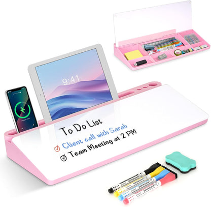 Desktop Glass Whiteboard with Storage, Desk Dry Erase White Board Black