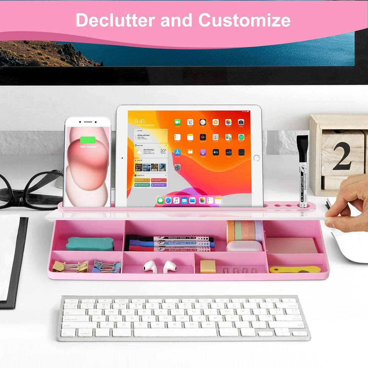 Desktop Glass Whiteboard with Storage, Desk Dry Erase White Board Black
