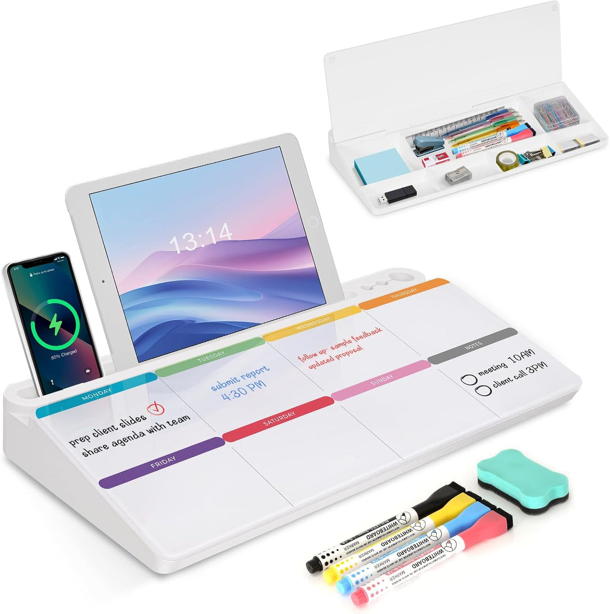 Desktop Glass Whiteboard with Storage, Desk Dry Erase White Board Black