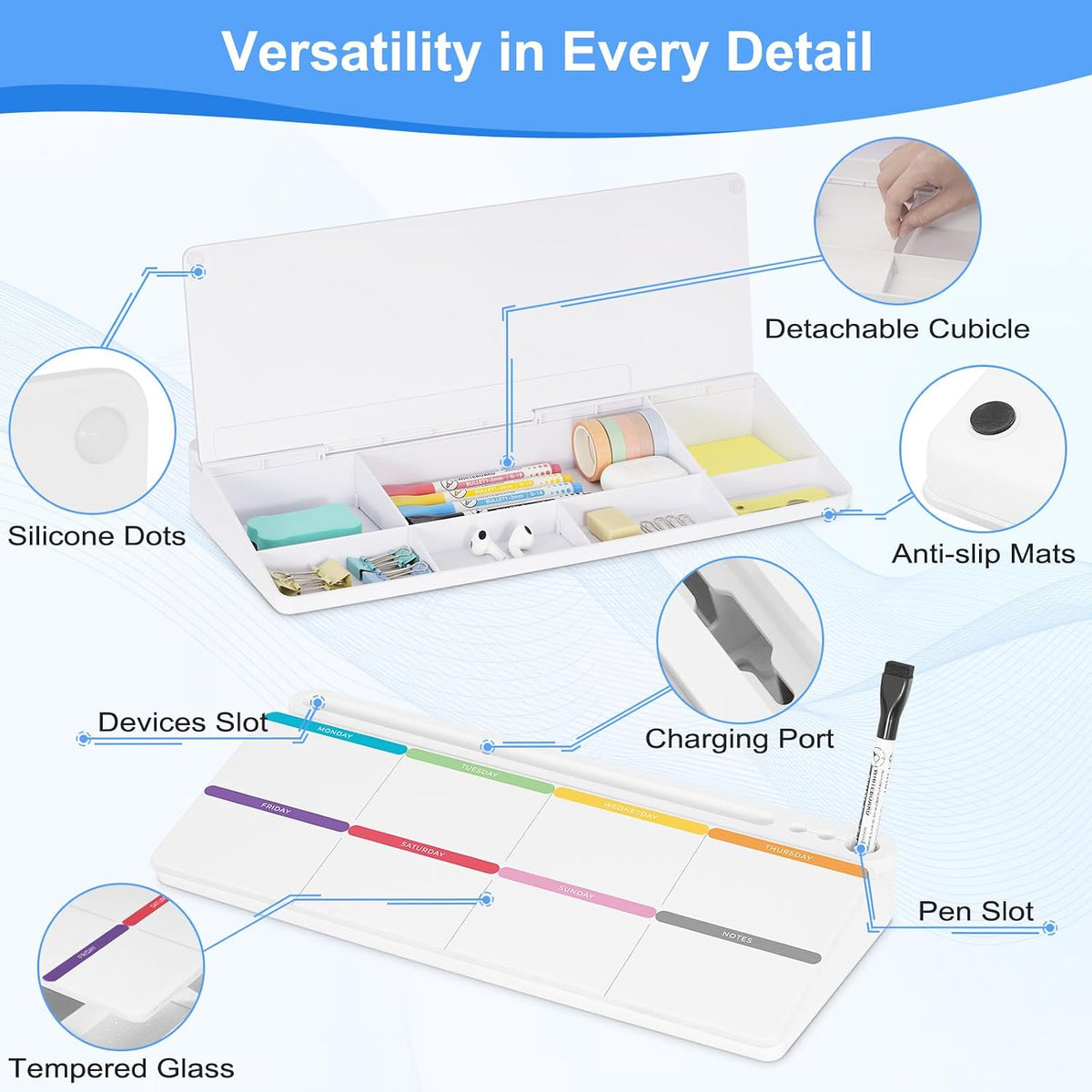 Desktop Glass Whiteboard with Storage, Desk Dry Erase White Board Black