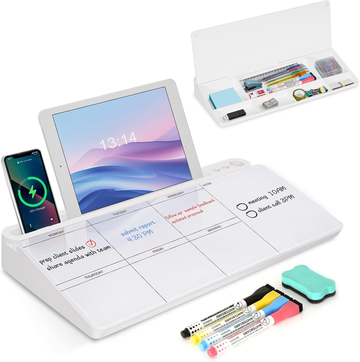 Desktop Glass Whiteboard with Storage, Desk Dry Erase White Board Black