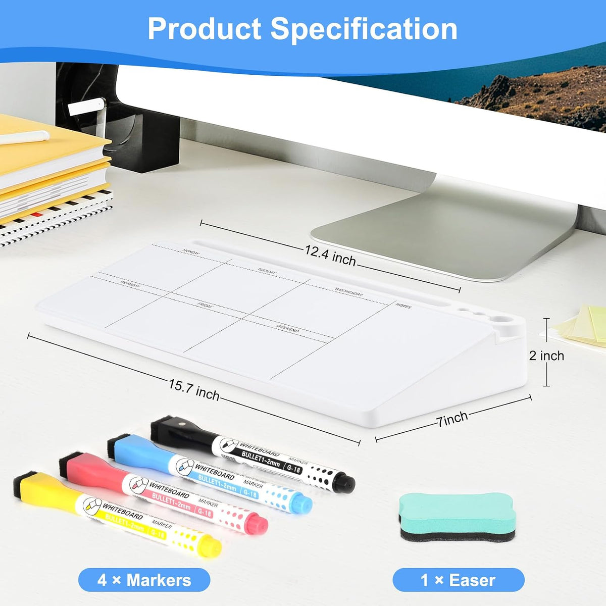 Desktop Glass Whiteboard with Storage, Desk Dry Erase White Board Black