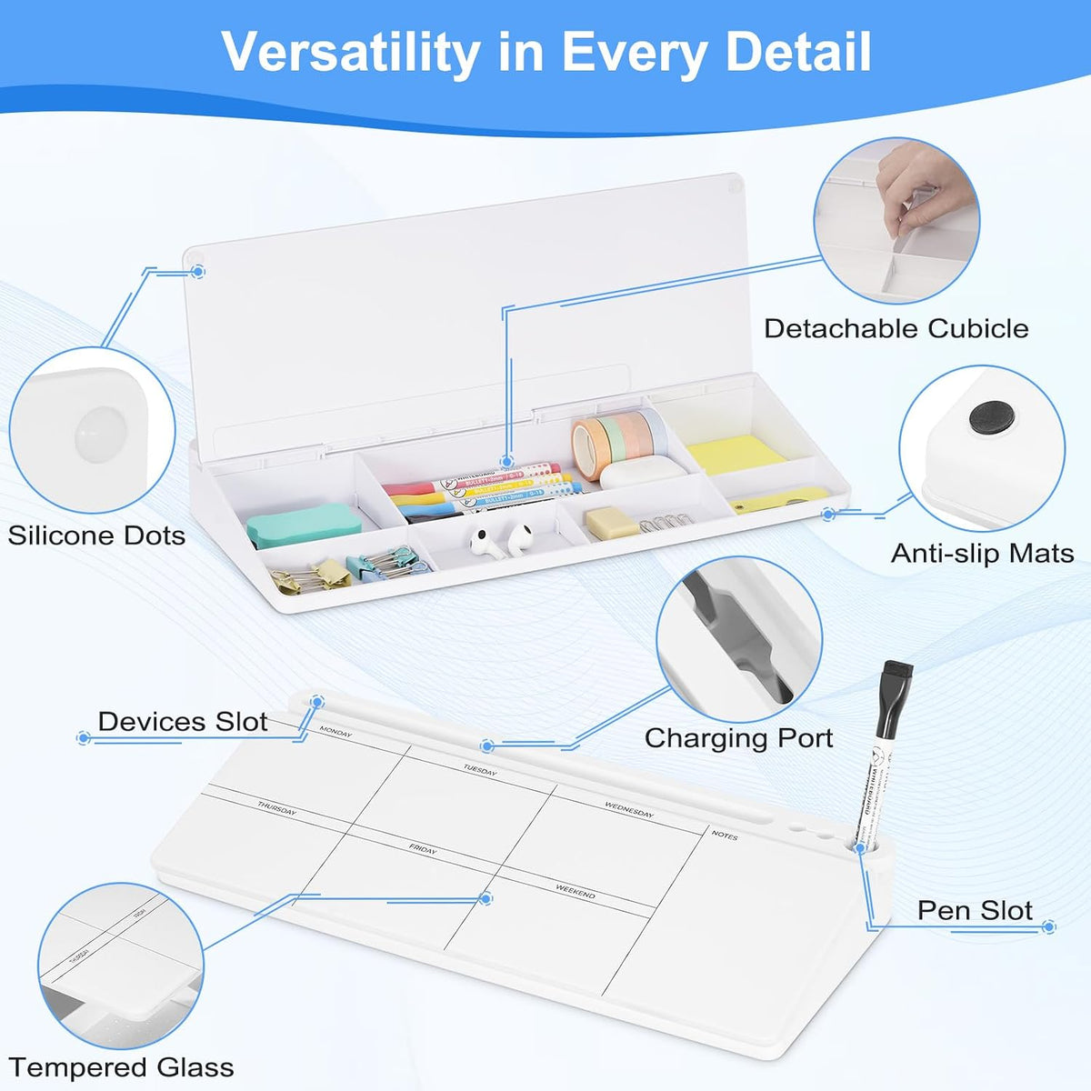 Desktop Glass Whiteboard with Storage, Desk Dry Erase White Board Black
