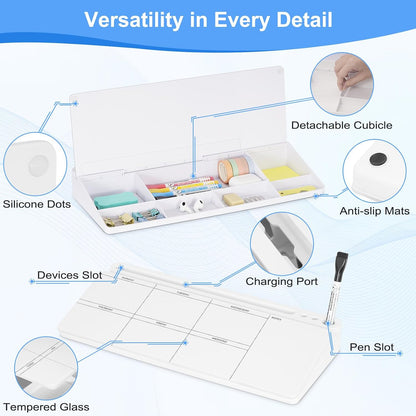 Desktop Glass Whiteboard with Storage, Desk Dry Erase White Board Black