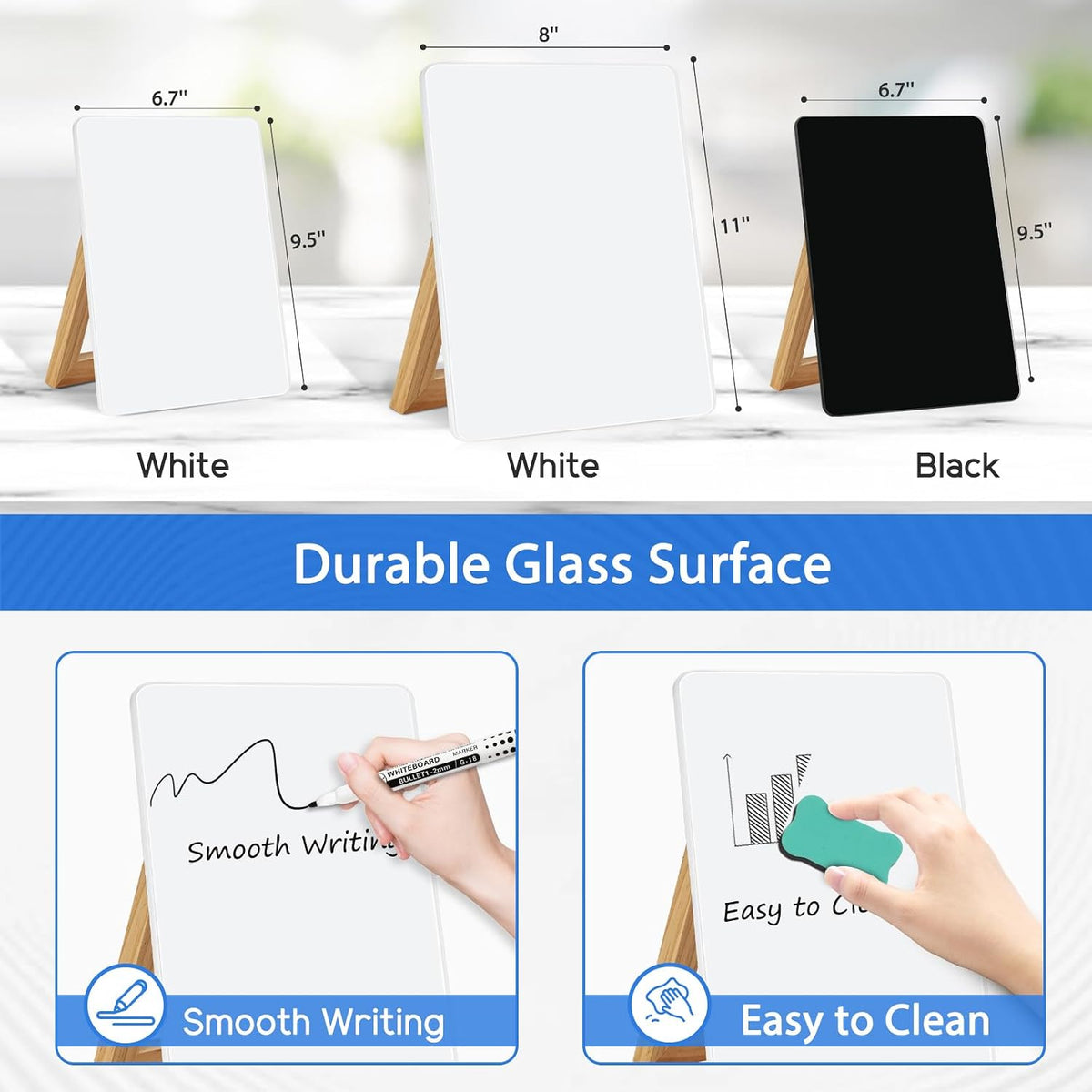 Desktop Glass Whiteboard with Storage, Desk Dry Erase White Board Black
