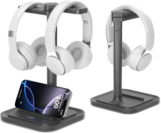 Dual Headphone Stand for Desk - Rotatable Headset Hanger with Phone Holder - Removable Non-Slip Base for Gamers Desktop Accessories