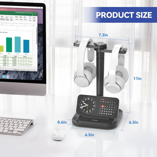 Dual Headphone Stand for Desk - Rotatable Headset Hanger with Phone Holder - Removable Non-Slip Base for Gamers Desktop Accessories