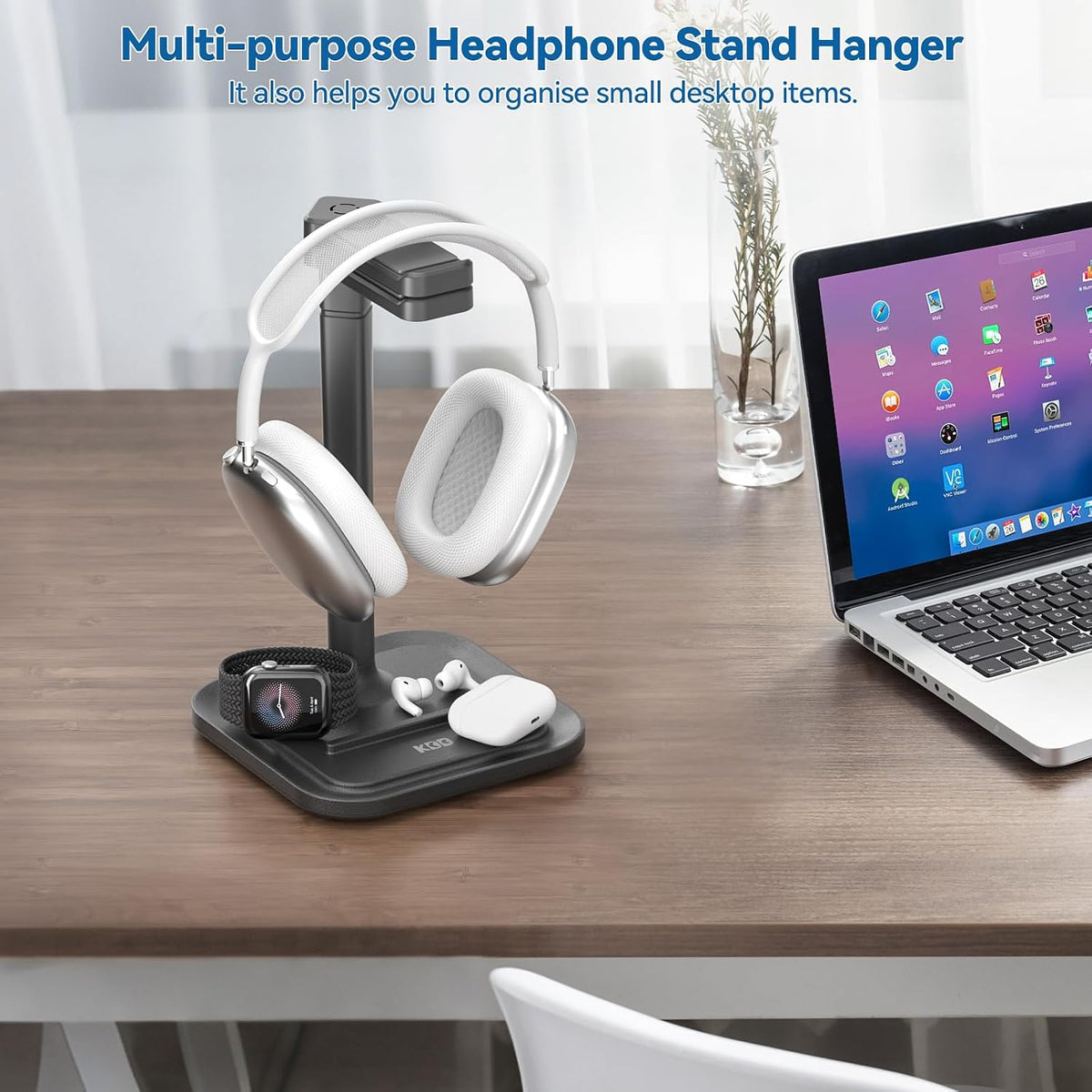 Dual Headphone Stand for Desk - Rotatable Headset Hanger with Phone Holder - Removable Non-Slip Base for Gamers Desktop Accessories