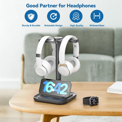 Dual Headphone Stand for Desk - Rotatable Headset Hanger with Phone Holder - Removable Non-Slip Base for Gamers Desktop Accessories
