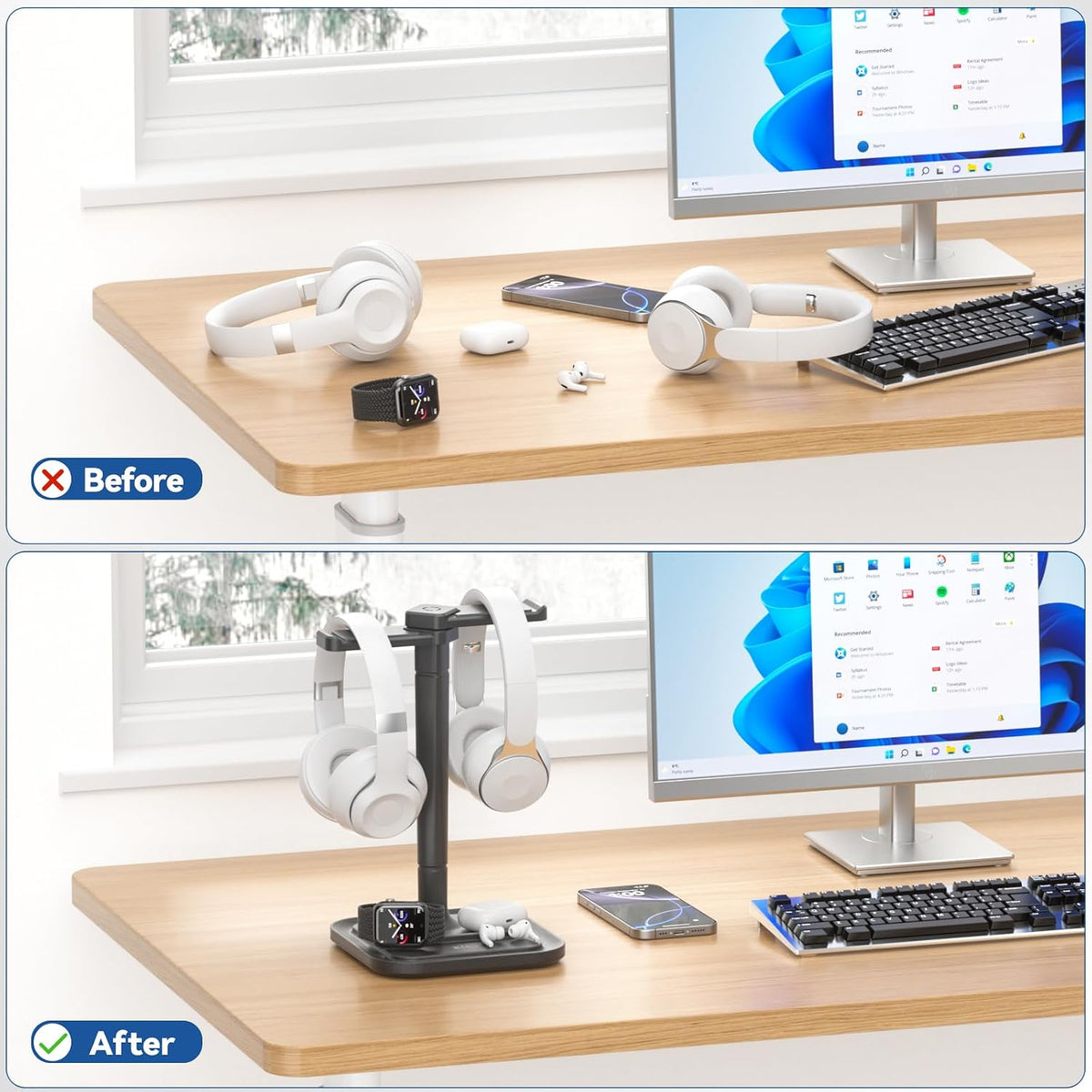 Dual Headphone Stand for Desk - Rotatable Headset Hanger with Phone Holder - Removable Non-Slip Base for Gamers Desktop Accessories