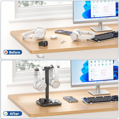 Dual Headphone Stand for Desk - Rotatable Headset Hanger with Phone Holder - Removable Non-Slip Base for Gamers Desktop Accessories