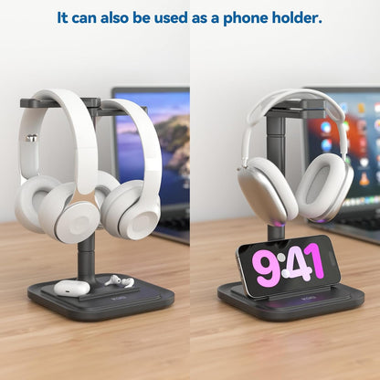 Dual Headphone Stand for Desk - Rotatable Headset Hanger with Phone Holder - Removable Non-Slip Base for Gamers Desktop Accessories