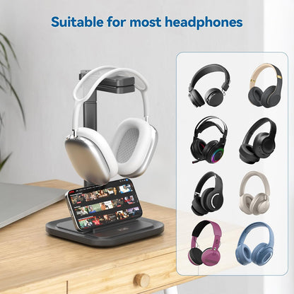 Dual Headphone Stand for Desk - Rotatable Headset Hanger with Phone Holder - Removable Non-Slip Base for Gamers Desktop Accessories