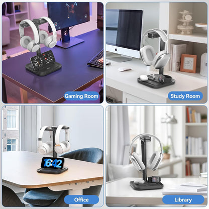 Dual Headphone Stand for Desk - Rotatable Headset Hanger with Phone Holder - Removable Non-Slip Base for Gamers Desktop Accessories