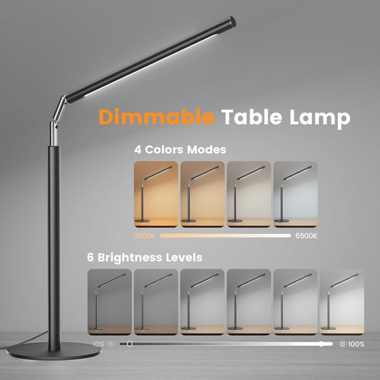 Metal LED Desk Lamp, 16" Dimmable Desk Light with Base, 15W 1200LM, Adapter Included, Color & Brightness Adjustable, Modern Tall Table Lamp for Home Office Reading Study Task Laptop, Black