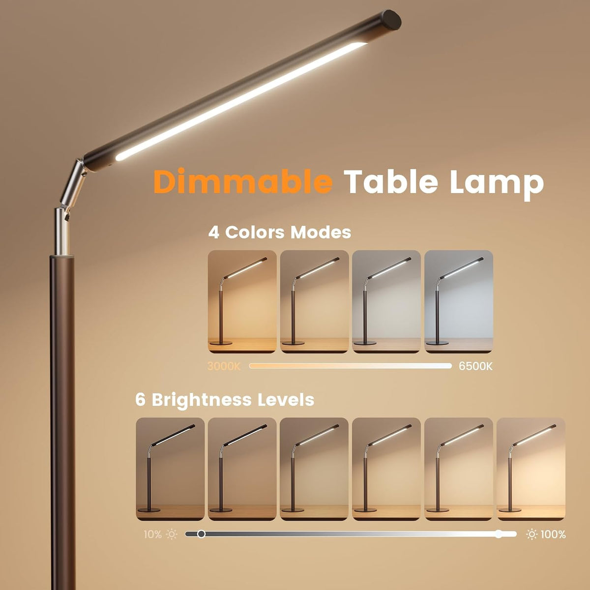 Metal LED Desk Lamp, 16" Dimmable Desk Light with Base, 15W 1200LM, Adapter Included, Color & Brightness Adjustable, Modern Tall Table Lamp for Home Office Reading Study Task Laptop, Black