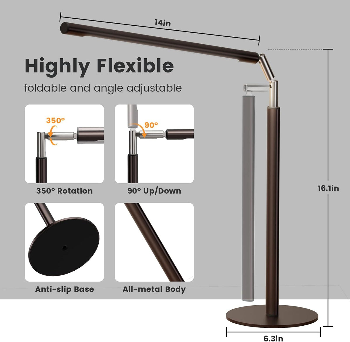 Metal LED Desk Lamp, 16" Dimmable Desk Light with Base, 15W 1200LM, Adapter Included, Color & Brightness Adjustable, Modern Tall Table Lamp for Home Office Reading Study Task Laptop, Black