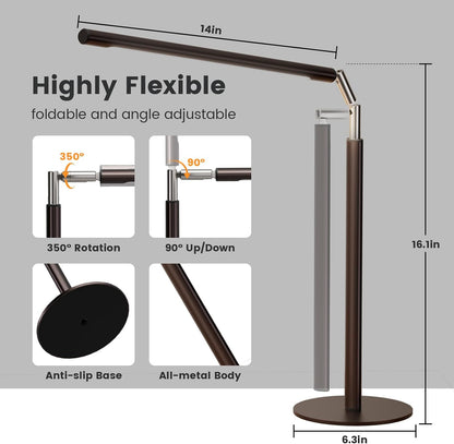 Metal LED Desk Lamp, 16" Dimmable Desk Light with Base, 15W 1200LM, Adapter Included, Color & Brightness Adjustable, Modern Tall Table Lamp for Home Office Reading Study Task Laptop, Black