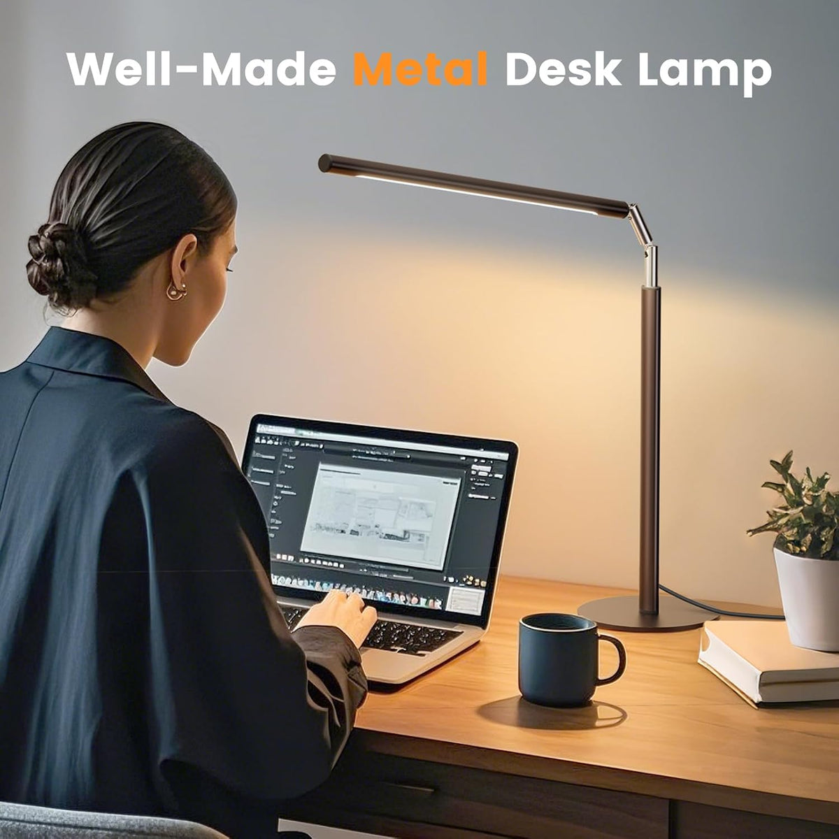 Metal LED Desk Lamp, 16" Dimmable Desk Light with Base, 15W 1200LM, Adapter Included, Color & Brightness Adjustable, Modern Tall Table Lamp for Home Office Reading Study Task Laptop, Black