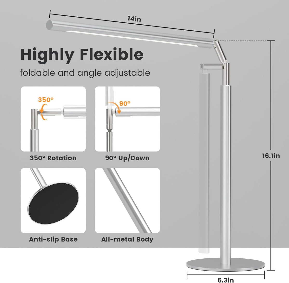Metal LED Desk Lamp, 16" Dimmable Desk Light with Base, 15W 1200LM, Adapter Included, Color & Brightness Adjustable, Modern Tall Table Lamp for Home Office Reading Study Task Laptop, Black