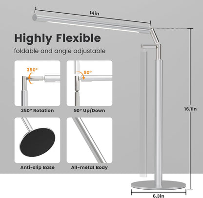 Metal LED Desk Lamp, 16" Dimmable Desk Light with Base, 15W 1200LM, Adapter Included, Color & Brightness Adjustable, Modern Tall Table Lamp for Home Office Reading Study Task Laptop, Black