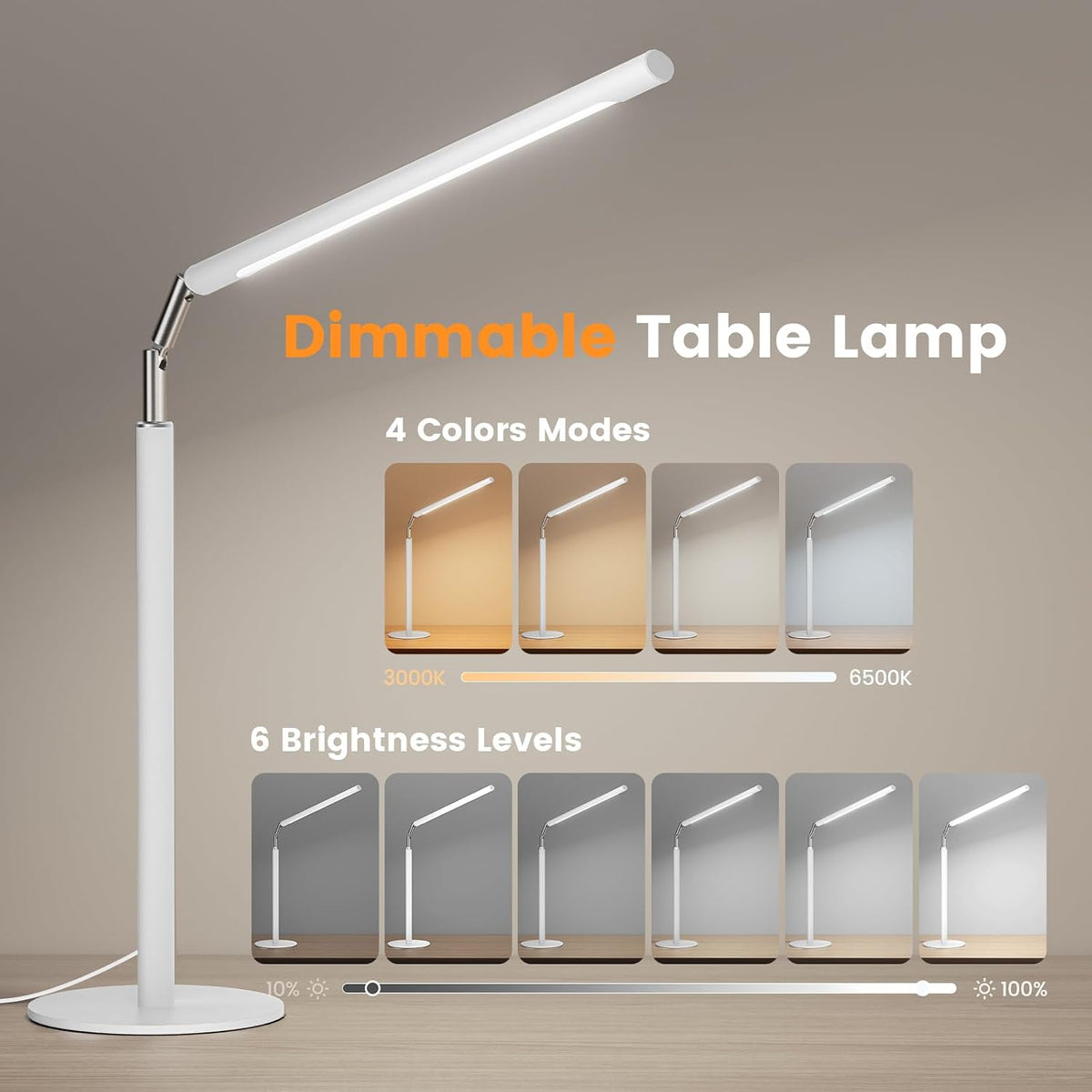 Metal LED Desk Lamp, 16" Dimmable Desk Light with Base, 15W 1200LM, Adapter Included, Color & Brightness Adjustable, Modern Tall Table Lamp for Home Office Reading Study Task Laptop, Black