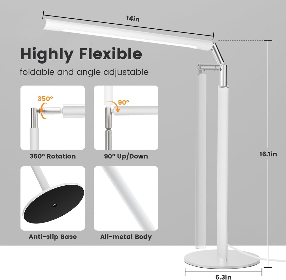 Metal LED Desk Lamp, 16" Dimmable Desk Light with Base, 15W 1200LM, Adapter Included, Color & Brightness Adjustable, Modern Tall Table Lamp for Home Office Reading Study Task Laptop, Black