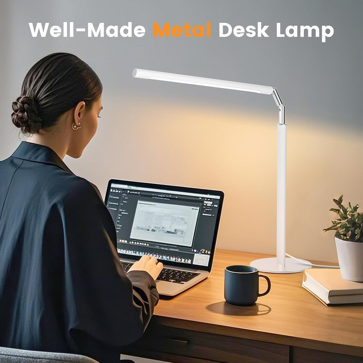 Metal LED Desk Lamp, 16" Dimmable Desk Light with Base, 15W 1200LM, Adapter Included, Color & Brightness Adjustable, Modern Tall Table Lamp for Home Office Reading Study Task Laptop, Black
