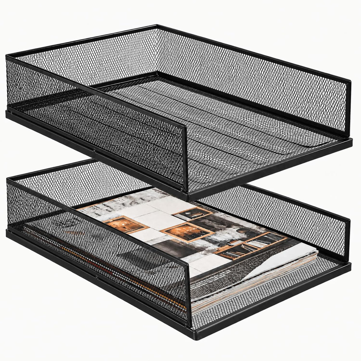 2 Pack Wire Mesh Letter Trays 12.8"x10"x2.9", Stackable Paper Tray Organizer for Desk, Metal Desk Magazine File Holder for Home, Office, School