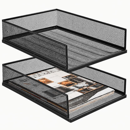 2 Pack Wire Mesh Letter Trays 12.8"x10"x2.9", Stackable Paper Tray Organizer for Desk, Metal Desk Magazine File Holder for Home, Office, School