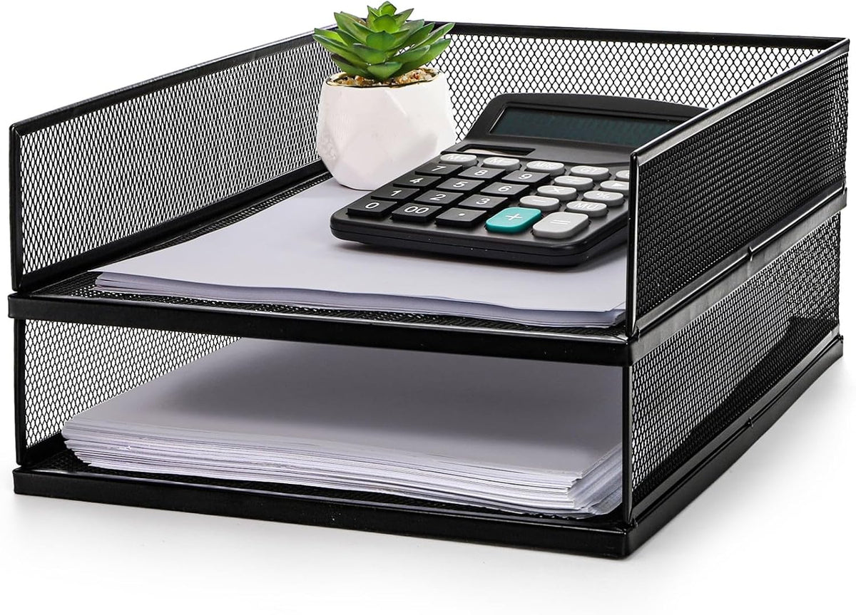2 Pack Wire Mesh Letter Trays 12.8"x10"x2.9", Stackable Paper Tray Organizer for Desk, Metal Desk Magazine File Holder for Home, Office, School