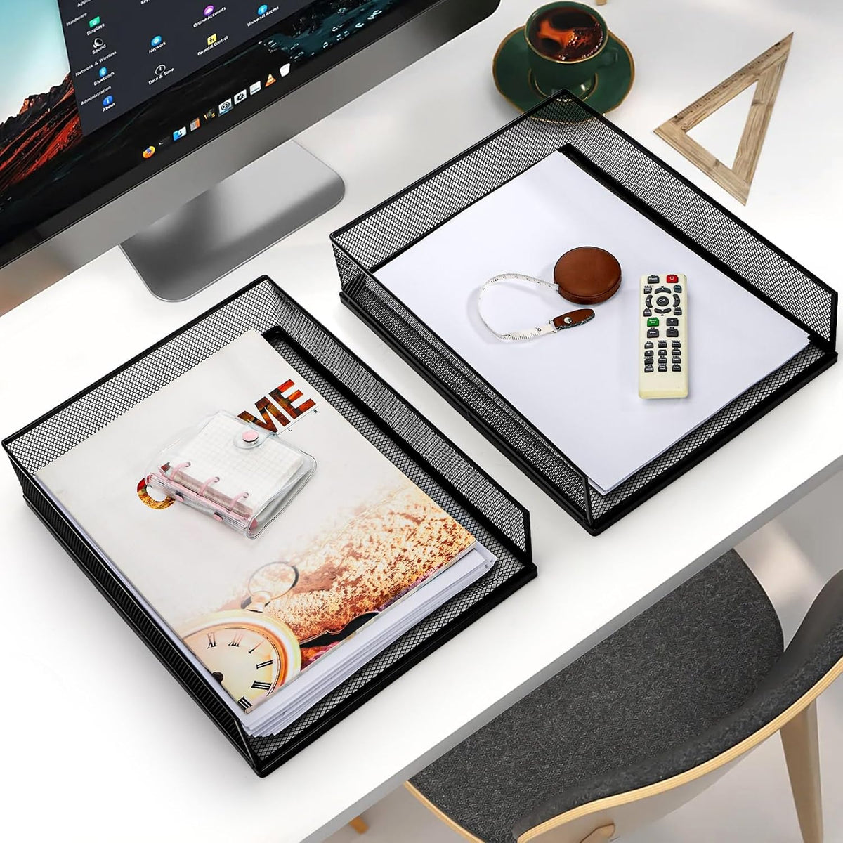 2 Pack Wire Mesh Letter Trays 12.8"x10"x2.9", Stackable Paper Tray Organizer for Desk, Metal Desk Magazine File Holder for Home, Office, School