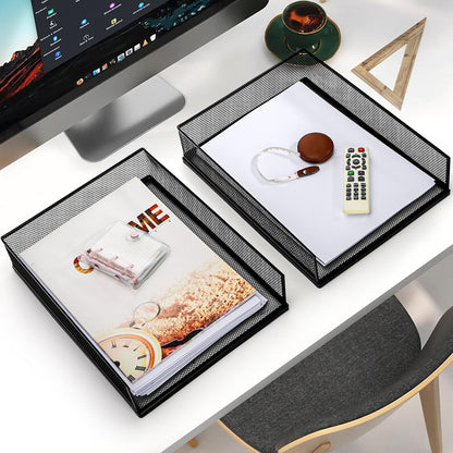 2 Pack Wire Mesh Letter Trays 12.8"x10"x2.9", Stackable Paper Tray Organizer for Desk, Metal Desk Magazine File Holder for Home, Office, School