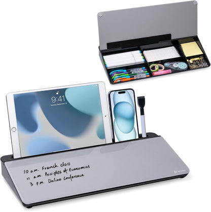 Desktop Whiteboard with Storage, Desk Organizer Dry Erase Glass White Board to-do List Memo Notepad for Home Office and School Supplies (Black)
