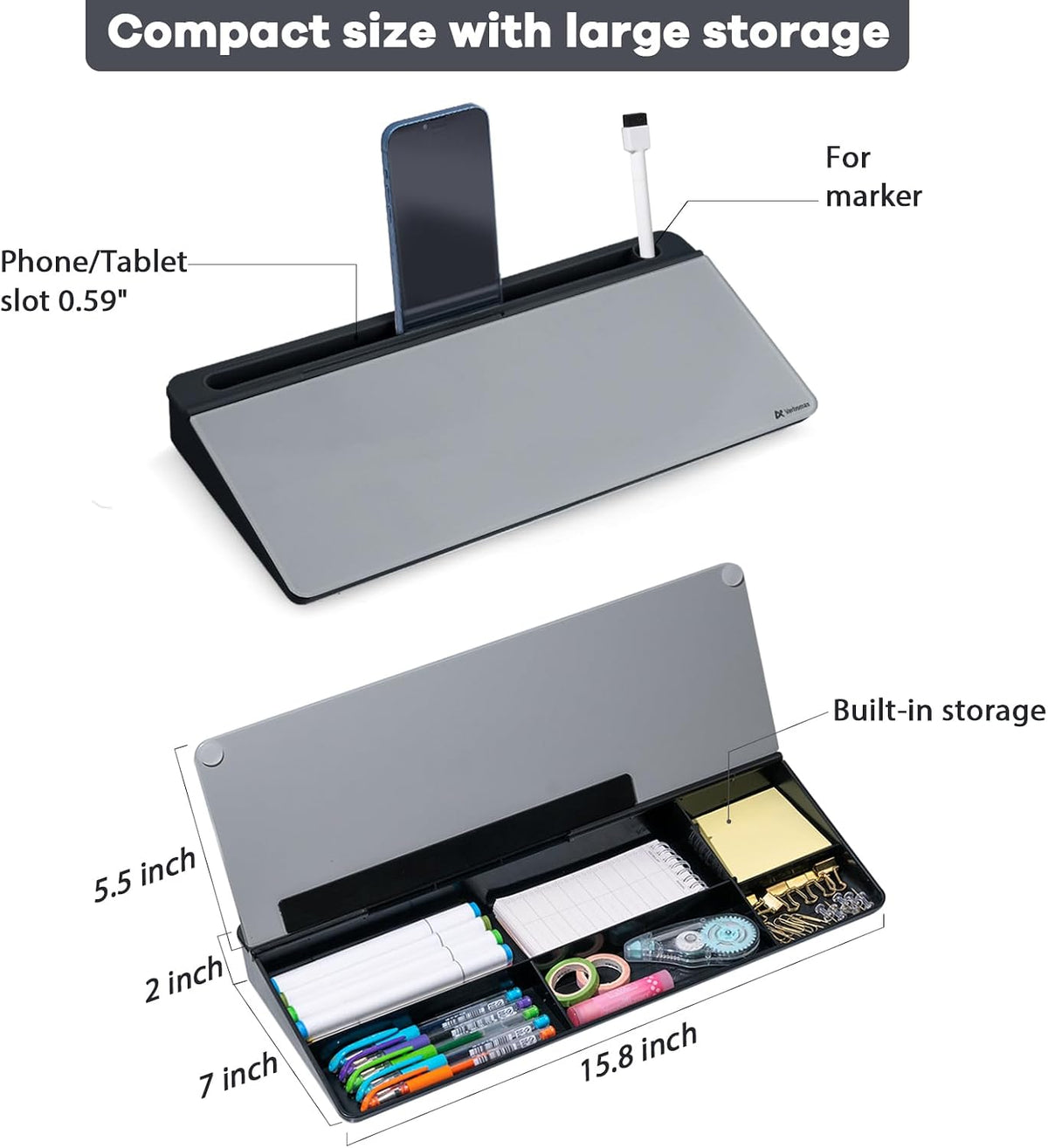 Desktop Whiteboard with Storage, Desk Organizer Dry Erase Glass White Board to-do List Memo Notepad for Home Office and School Supplies (Black)