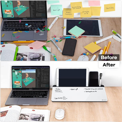Desktop Whiteboard with Storage, Desk Organizer Dry Erase Glass White Board to-do List Memo Notepad for Home Office and School Supplies (Black)