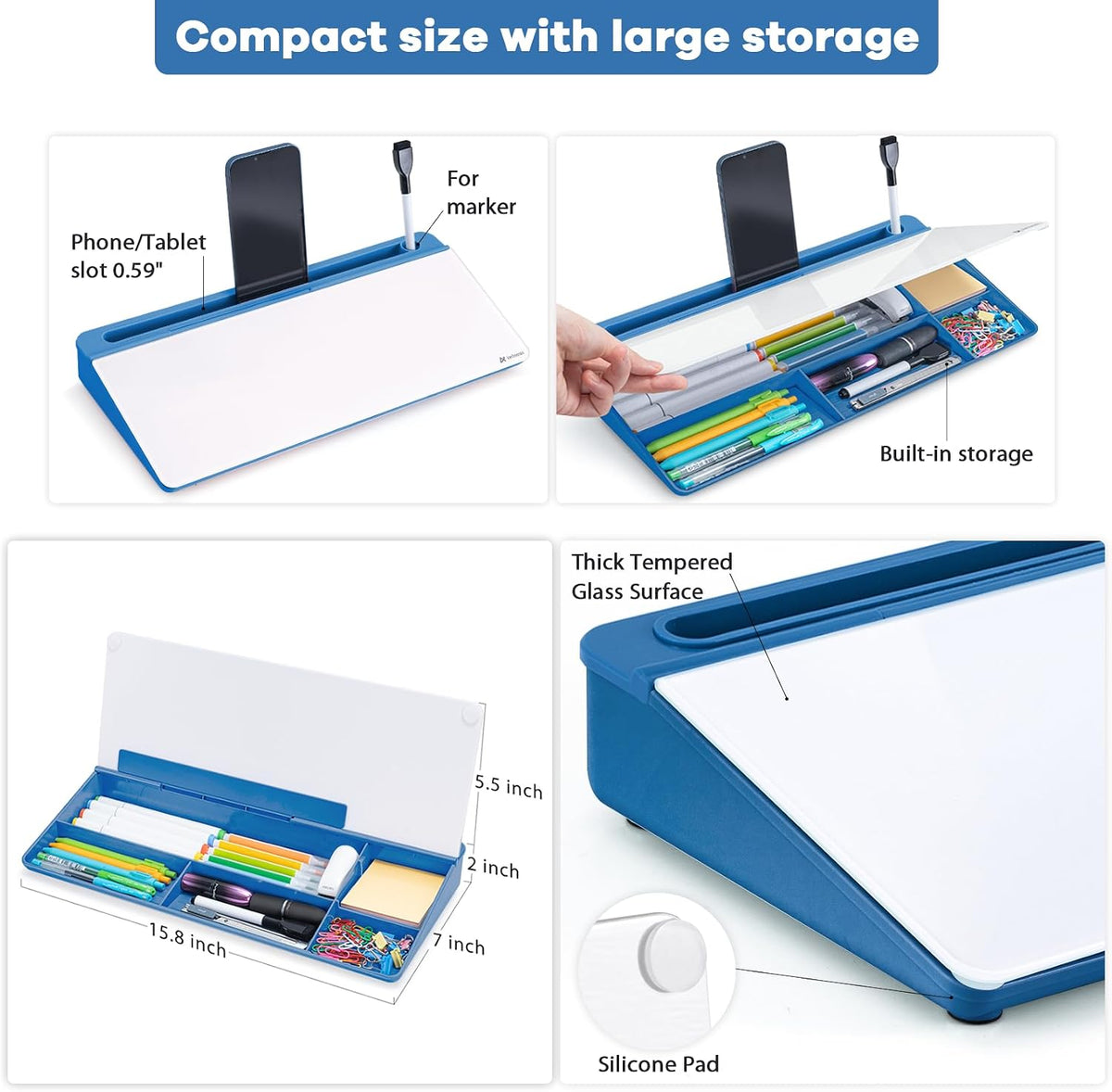 Desktop Whiteboard with Storage, Desk Organizer Dry Erase Glass White Board to-do List Memo Notepad for Home Office and School Supplies (Black)