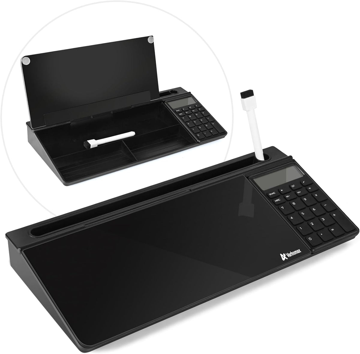 Desktop Whiteboard with Storage, Desk Organizer Dry Erase Glass White Board to-do List Memo Notepad for Home Office and School Supplies (Black)