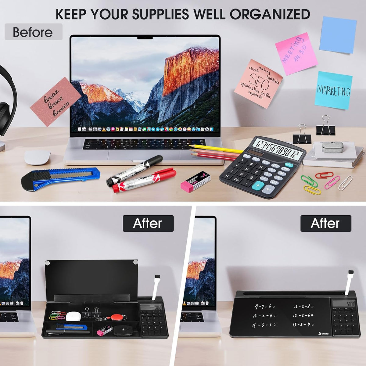 Desktop Whiteboard with Storage, Desk Organizer Dry Erase Glass White Board to-do List Memo Notepad for Home Office and School Supplies (Black)