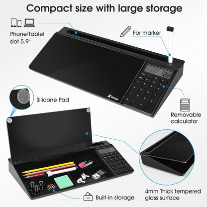 Desktop Whiteboard with Storage, Desk Organizer Dry Erase Glass White Board to-do List Memo Notepad for Home Office and School Supplies (Black)