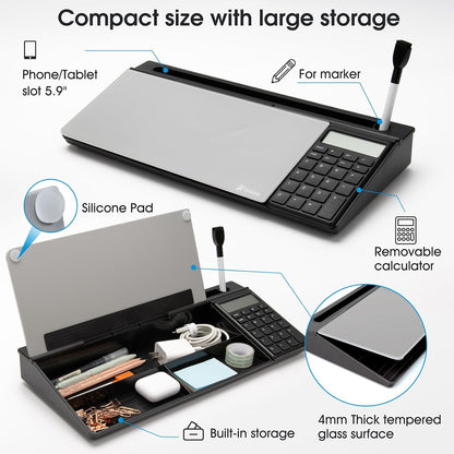 Desktop Whiteboard with Storage, Desk Organizer Dry Erase Glass White Board to-do List Memo Notepad for Home Office and School Supplies (Black)