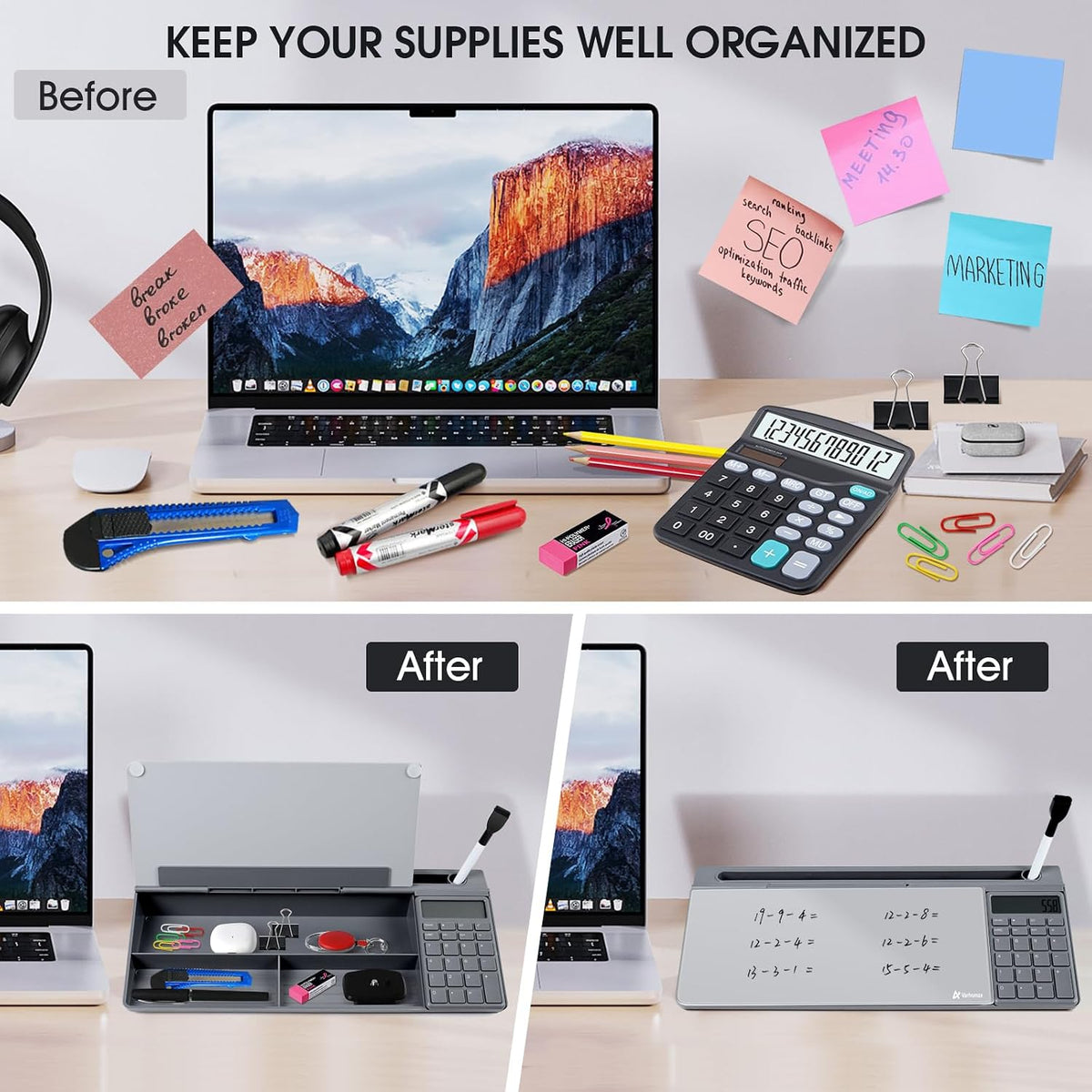 Desktop Whiteboard with Storage, Desk Organizer Dry Erase Glass White Board to-do List Memo Notepad for Home Office and School Supplies (Black)