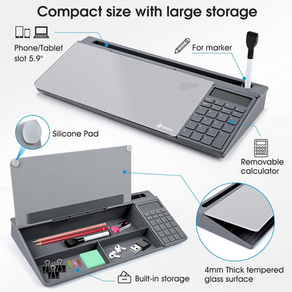 Desktop Whiteboard with Storage, Desk Organizer Dry Erase Glass White Board to-do List Memo Notepad for Home Office and School Supplies (Black)
