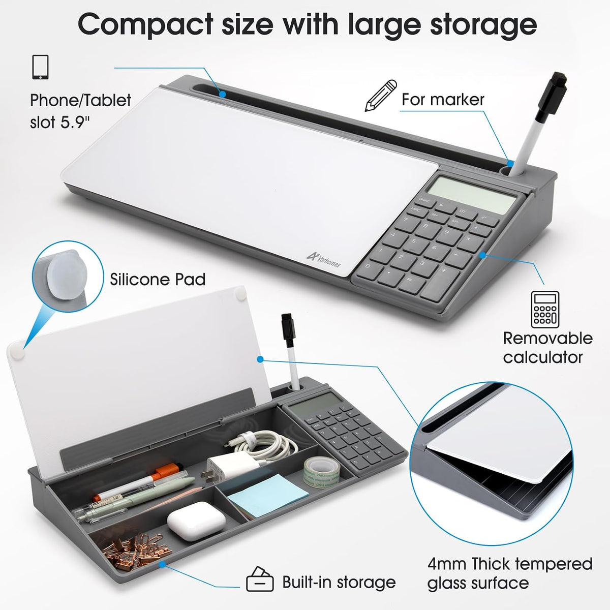 Desktop Whiteboard with Storage, Desk Organizer Dry Erase Glass White Board to-do List Memo Notepad for Home Office and School Supplies (Black)