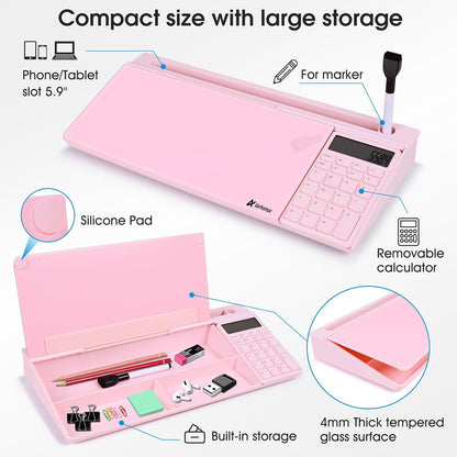 Desktop Whiteboard with Storage, Desk Organizer Dry Erase Glass White Board to-do List Memo Notepad for Home Office and School Supplies (Black)