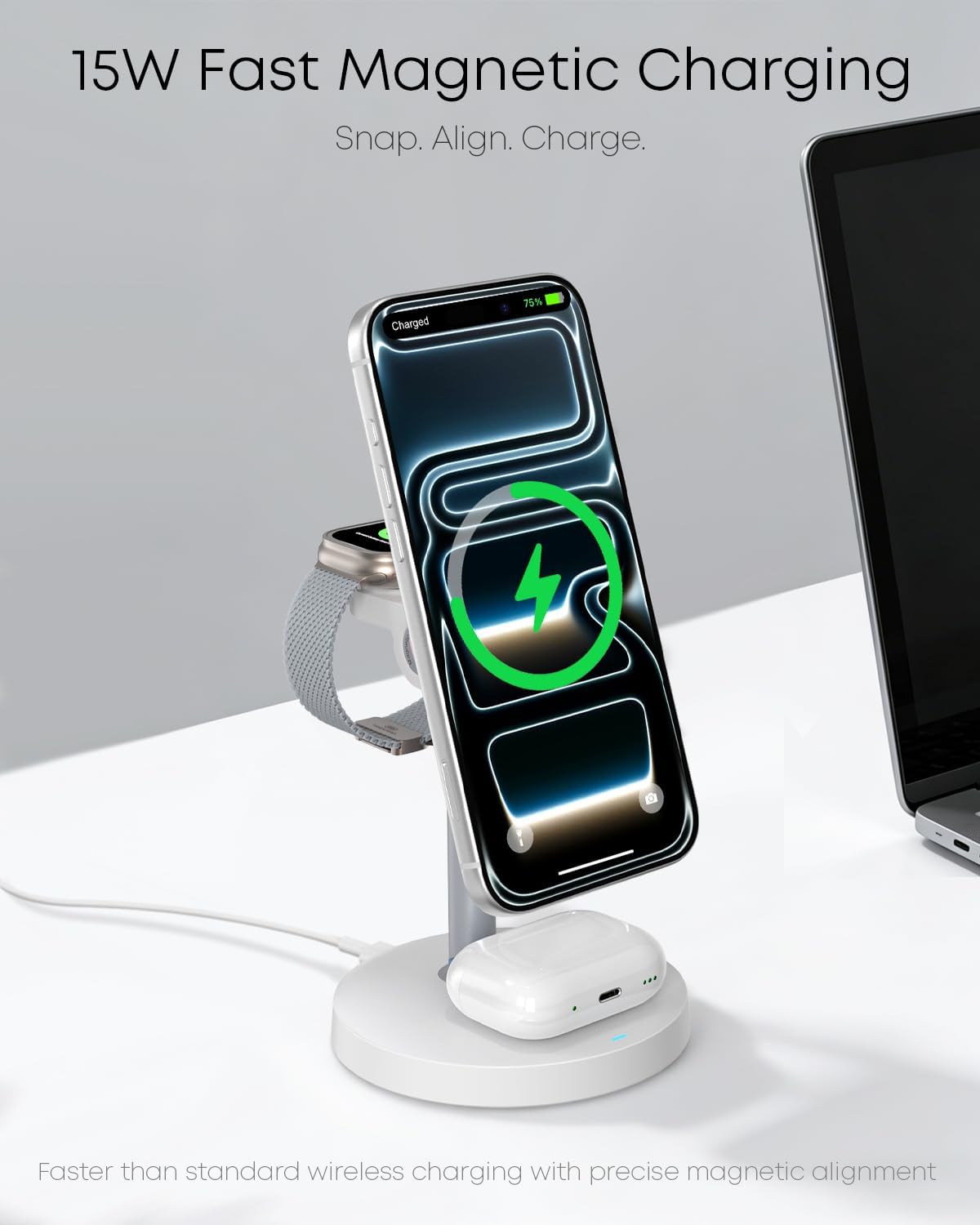 3 in 1 Magnetic Wireless Charging Station, 15W Charger for iPhone, White