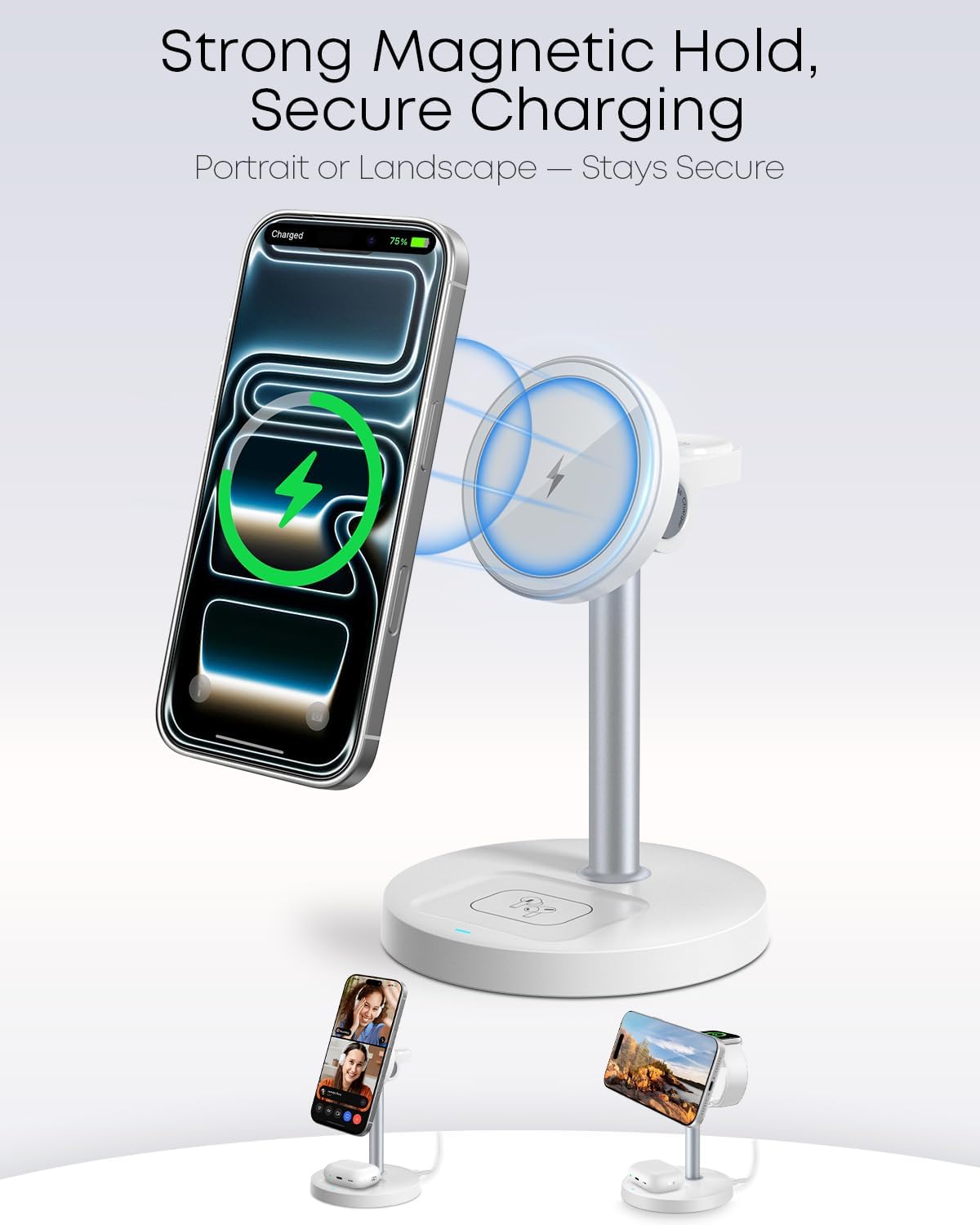3 in 1 Magnetic Wireless Charging Station, 15W Charger for iPhone, White
